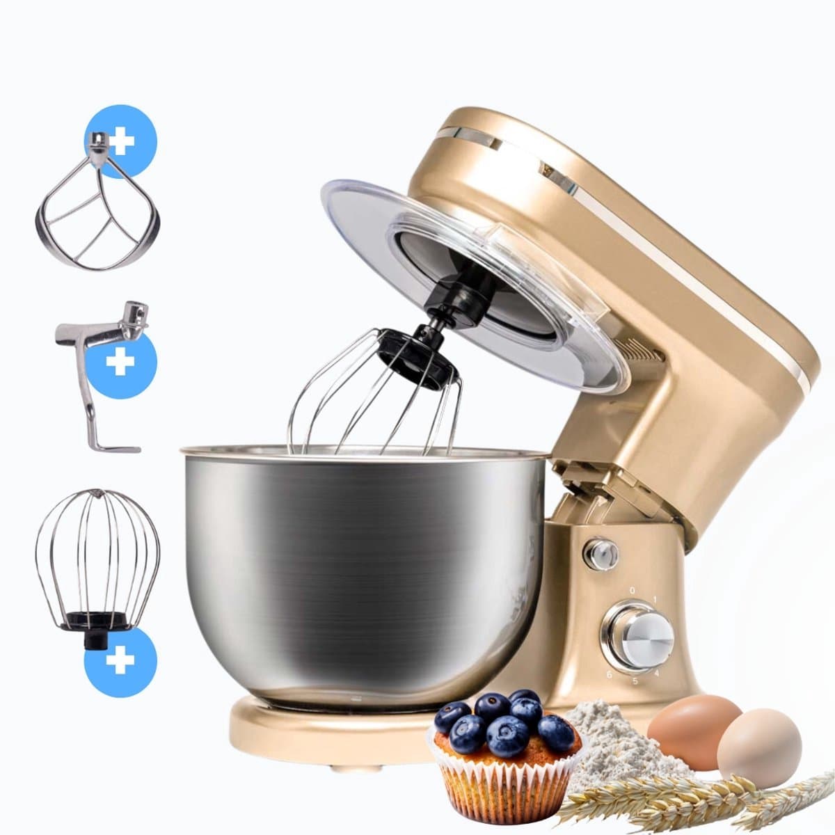 BluMill Keukenmachine - RVS - 6 Snelheden - Keukenmachine met kom - 5 Liter - met Accessoires - 1200W - Metallic Champagne — afbeelding 1