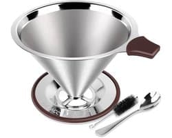 Pour Over Coffee Dripper - Roestvrijstalen Koffiefilter - Herbruikbaar - Dubbel Microgaasfilter - Lepel - Siliconen lade - Reinigingsborstel - 3-4 kopjes