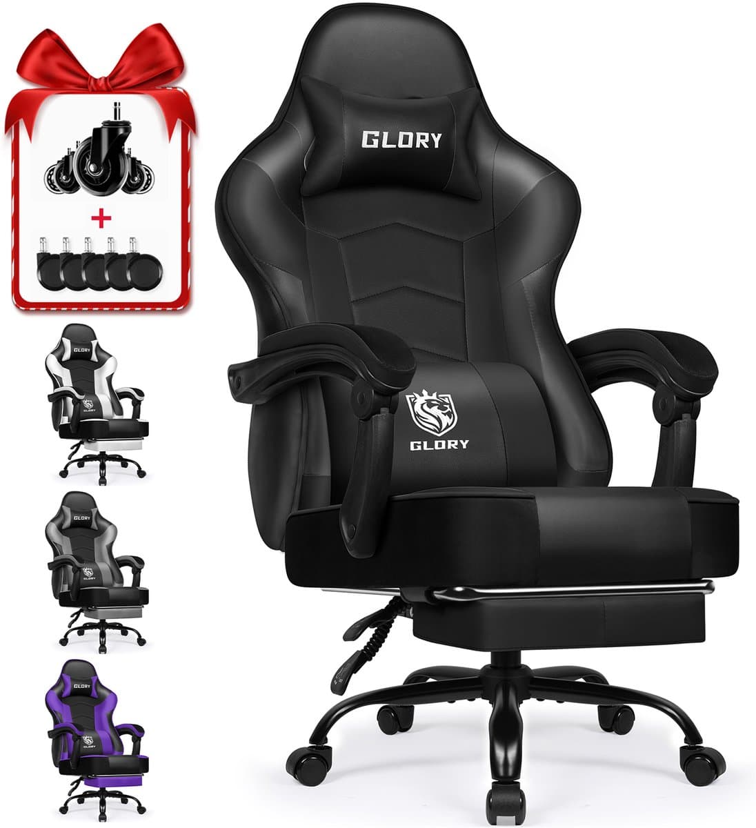 Hiaonyx Gaming Stoel - 170° Verstelbare Rugleuning - Inklapbare Voetsteun - Met stille wielen - Zwart — afbeelding 1