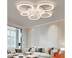 6 Ringen Plafondventilator - Wit - 6 Snelheden - Dimbaar Met Afstandsbediening en APP - Chandelier Fan - Zomer/Winter - Woonkamer Lamp - 90 cm