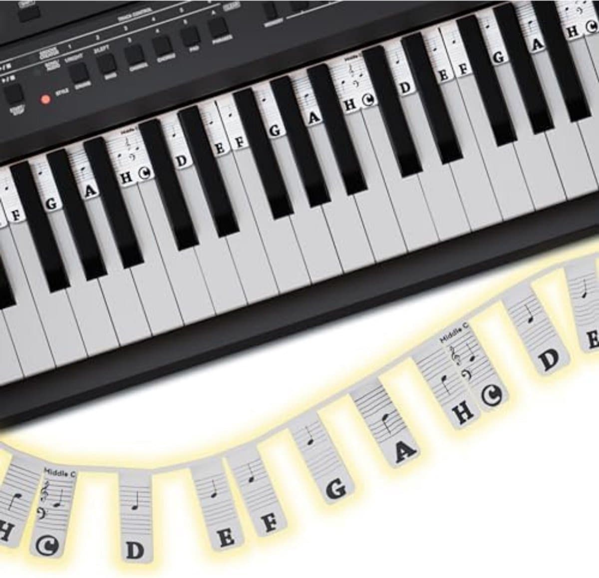 Piano Oplegger - Keyboard Noten Gids - Toetsenbelettering Zonder Stickers - Siliconen Toetsenbord voor 61 & 88 Toetsen - Verwijderbaar & Herbruikbaar - Voor Beginners - Piano Accessoires - Inclusief E-book - Zwart/Wit — afbeelding 1
