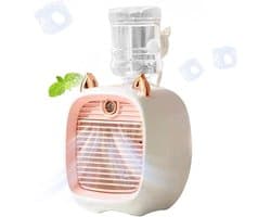 Fan-aircooler-Bureauventilator-Mini Luchtkoeler met Mist en Nachtlampje – Draagbare 3-in-1 Tafelventilator met Luchtkoeling, Luchtbevochtiger en LED-lamp – 3 Snelheden – USB Oplaadbaar – Geweldig voor Kantoor, Slaapkamer en Zomer – roze