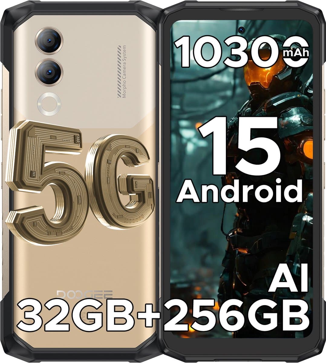 DOOGEE Blade 20 Turbo 5G -AI Smartphone - Rrugged Smartphone - 32GB RAM+256GB ROM - 10300mAh/33W - 6,6 inth HD & 90Hz- Android 15- Face ID - NFC - GPS - WiFi 6- Goud — afbeelding 1