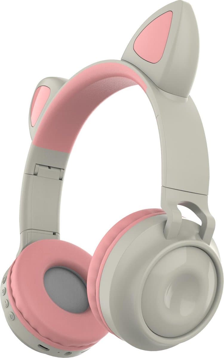 Kinder hoofdtelefoon - koptelefoon Bluetooth met led kattenoortjes miauw licht grijs - roze — afbeelding 1
