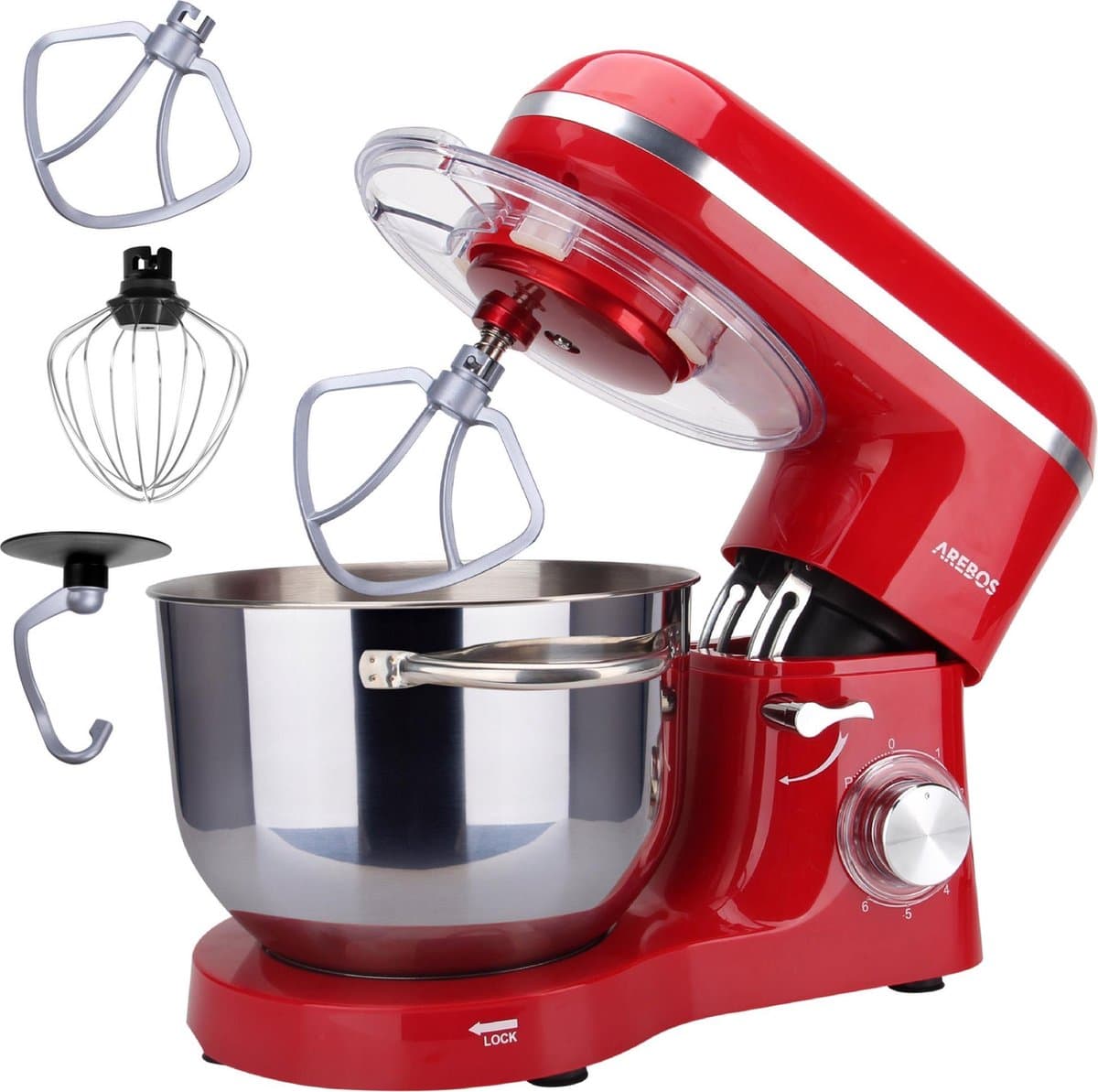 AREBOS Keukenmachine - 1500W - Keukenrobot - 6L - Keukenmixer - Foodprocessor - Roestvrij Stalen Mengkom - 6 Snelheden - Rood — afbeelding 1