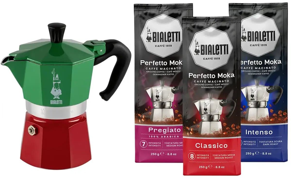 Bialetti Moka Express Italia 3 kops + Bialetti koffiepakket 3x250gr — afbeelding 1