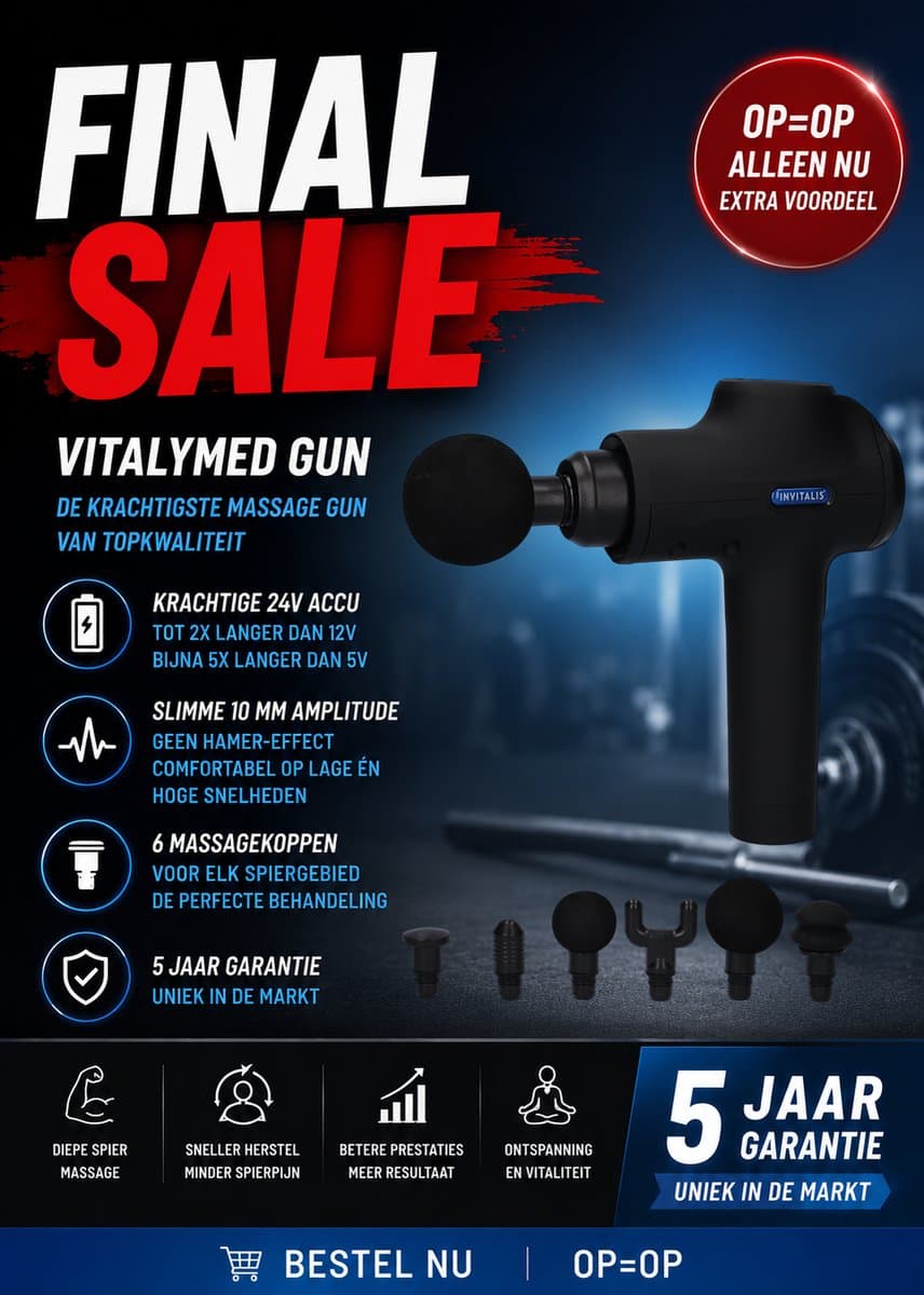 VitalyMed Gun massage pistool - massage gun - 5 jaar garantie - 5 uur accuduur - 6 massagekoppen inclusief - professioneel massage gun voor rug, nek, schouders, benen en armen geschikt voor bindweefselmassage en ontspanningsmassage — afbeelding 1