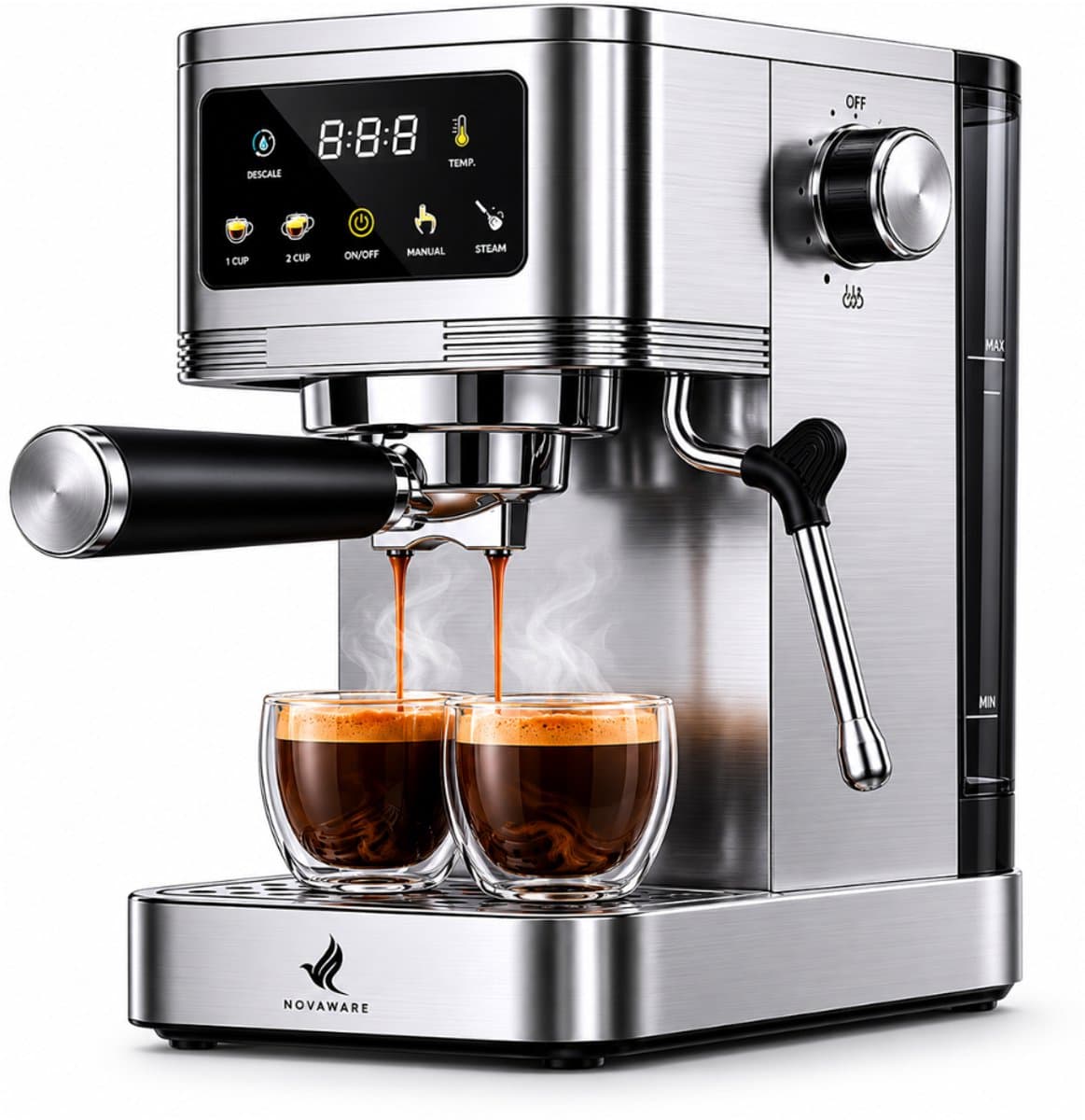 NovaWare® Espressomachine – 20 Bar - Pistonmachine met stoompijpje - Kopjesverwarmer - Coffee Machine - RVS — afbeelding 1