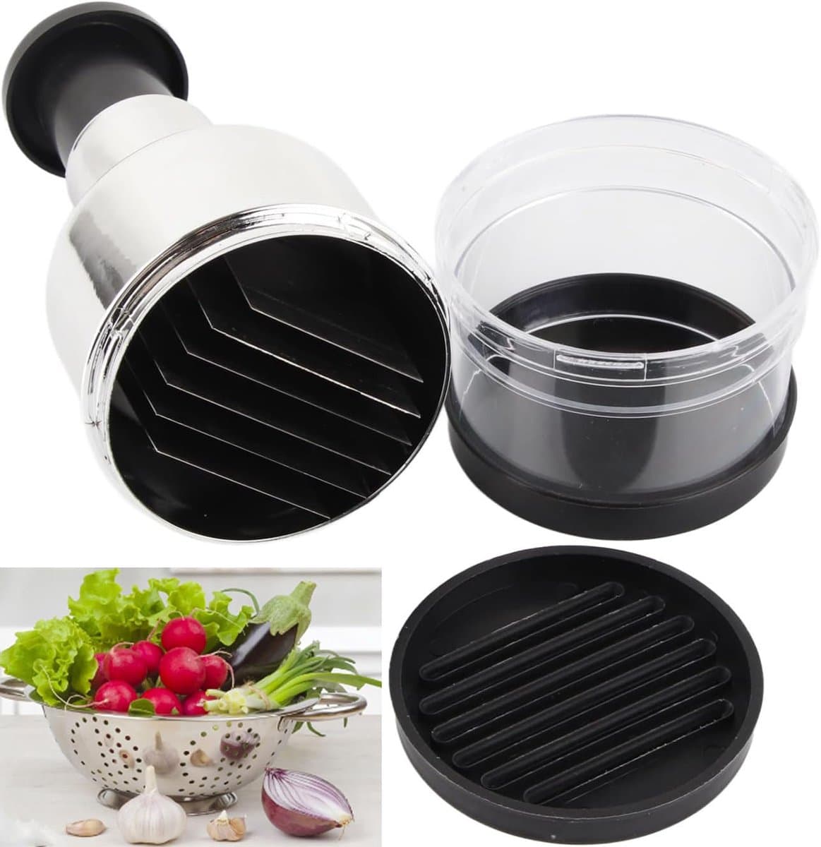 Handmatige Hakmolen - RVS - Ui en Knoflook Snijder - Hakker met Drukknop - RVS Groentesnijder - Keukenhulp voor Uien, Groenten & Kruiden - Vaatwasserbestendig - Handmatige Food Processor - Zilver/Zwart — afbeelding 1