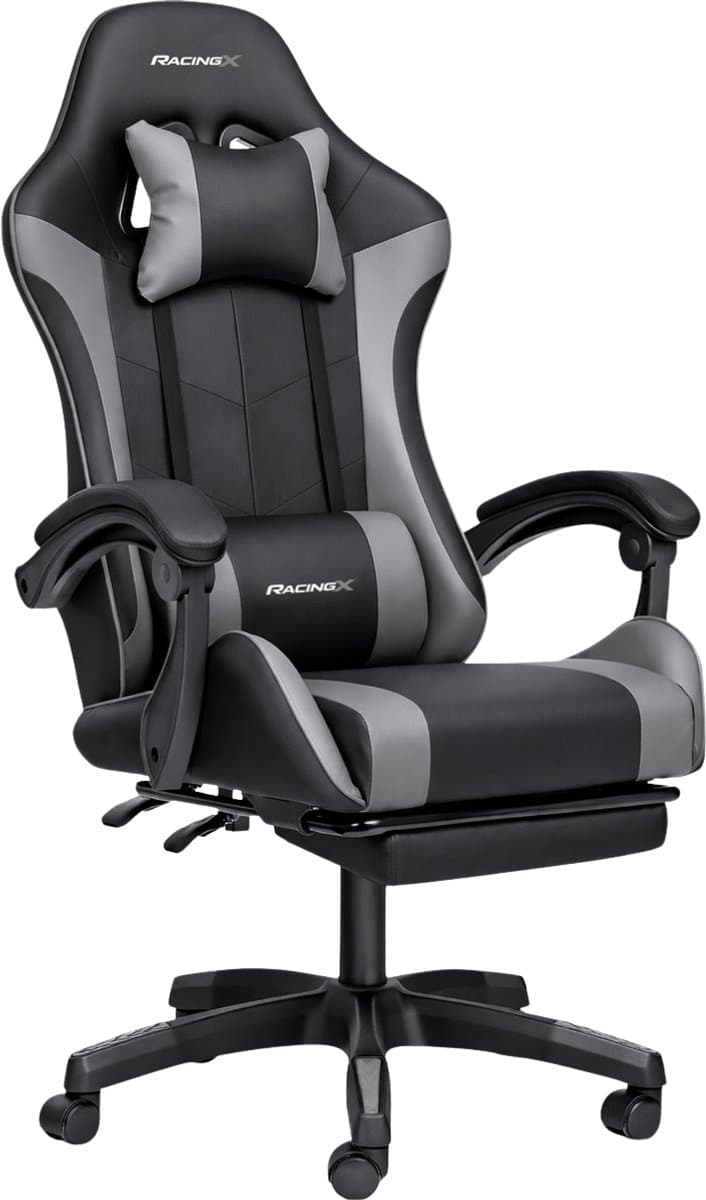 RACINGX - Gamestoel Met Voetsteun - Gaming stoel - Game stoel - Gaming Chair - Verstelbaar - - Max Gewicht 150 kg - Zwart/Grijs — afbeelding 1