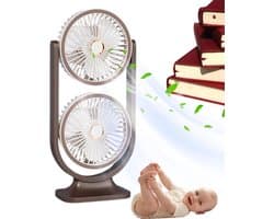 KZQ Bruine dubbele tafelventilator – draadloos, oplaadbaar, 5 snelheden, 360° verstelbaar, met nachtlampje, voor kantoor of thuis