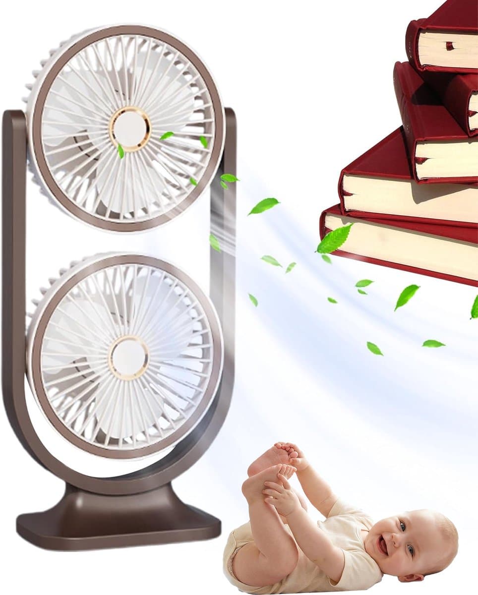 KZQ Bruine dubbele tafelventilator – draadloos, oplaadbaar, 5 snelheden, 360° verstelbaar, met nachtlampje, voor kantoor of thuis — afbeelding 1