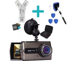 Setix Dashcam Go Met SD Card Reader en Voorruit Cleaner - Voor en Achter Camera – Inclusief 32GB SD kaart - Full HD 1080P Resolutie – Met Opbergcase tegen Diefstal - Nachtzicht – Plug & Play - Parkeermodus - 170 Graden Kijkhoek – Loop Recording –