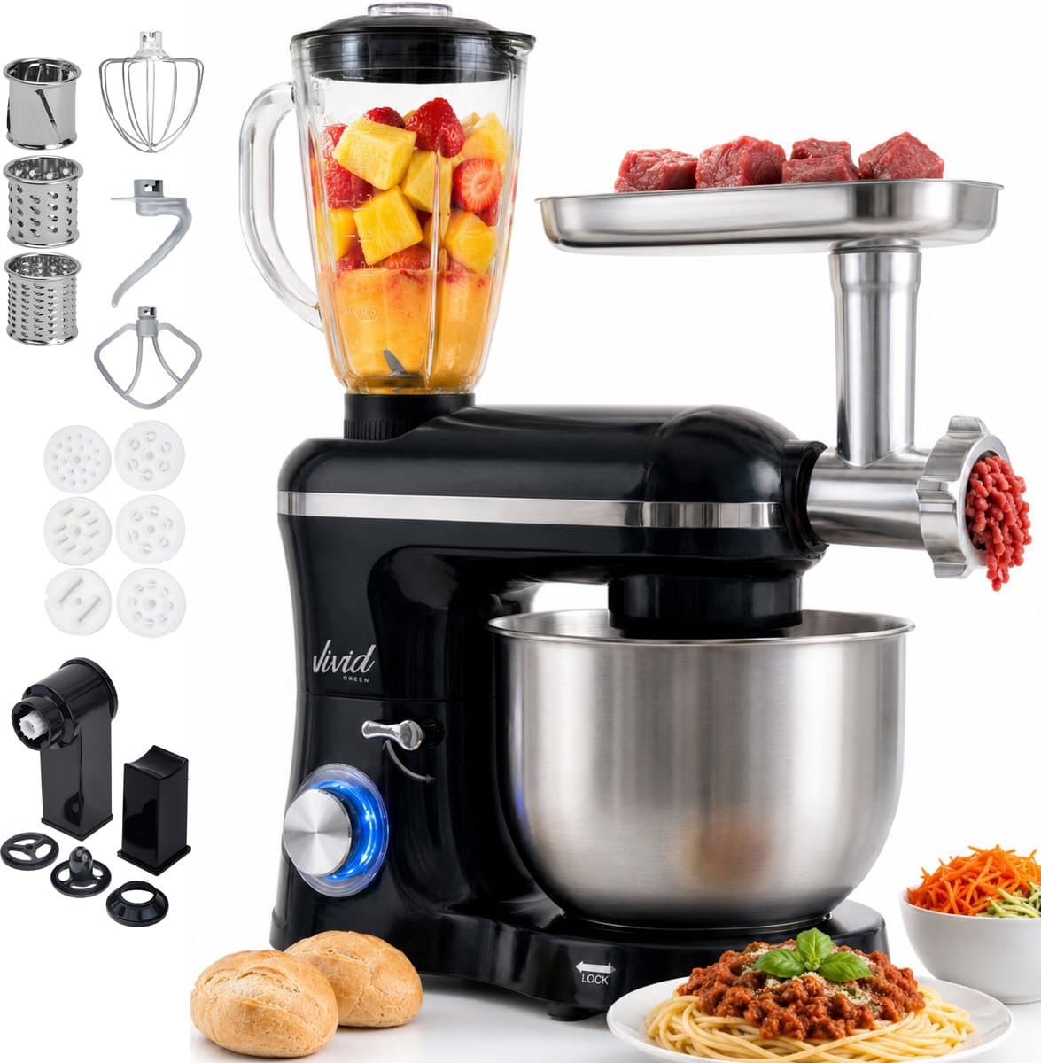 Vivid Green 2000W Keukenrobot - 6.2L - Alles-in-een Keukenmixer - Mixer met Mengkom - Keukenmachine - Gehaktmolen en Blender- Pastamachine – Zwart — afbeelding 1