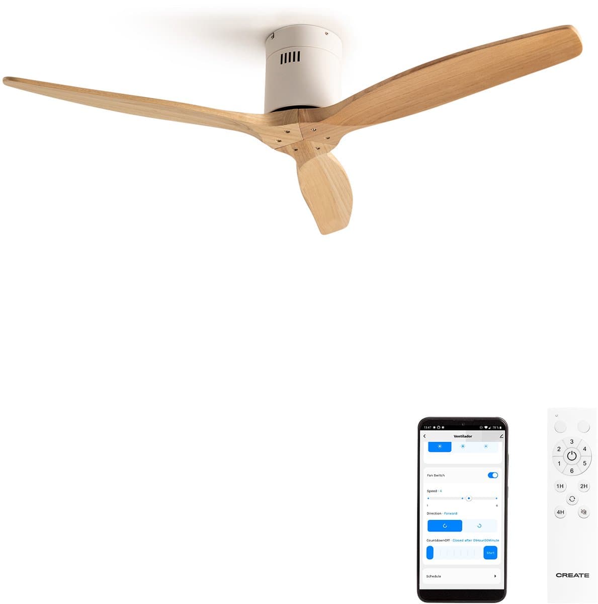CREATE - Plafondventilator silent 100% hout 40W (Ø112cm) - Geen licht - WIFI + Afstandsbediening - 6 snelheden - Programmeerbaar - WIND CALM NATURAL WOOD — afbeelding 1