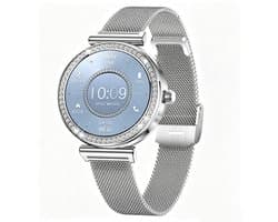 Knobbout Luxe Dames Smartwatch 1.27” Scherm met Kristallen – Bluetooth Bellen – HD Touchscreen – Hartslag, Bloeddruk & SpO₂ Monitoring – Vrouwelijke Gezondheidsfuncties – AI spraakassistent– IP68 Waterdicht – Zilver stalen band