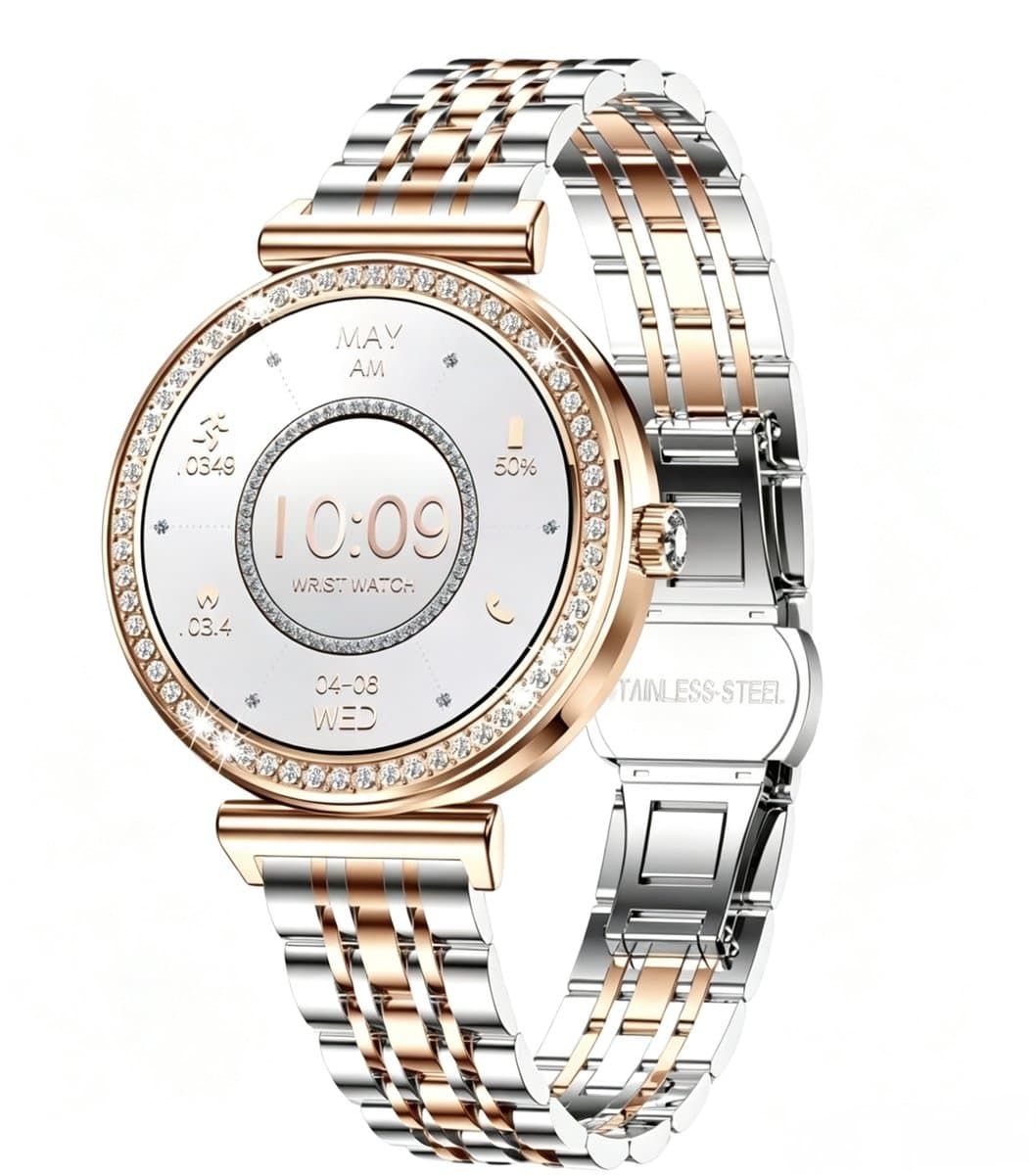 Knobbout Luxe Dames Smartwatch 1.27” Scherm met Kristallen – Bluetooth Bellen – HD Touchscreen – Hartslag, Bloeddruk & SpO₂ Monitoring – Vrouwelijke Gezondheidsfuncties – AI spraakassistent– IP68 Waterdicht – Tweekleurige stalen band — afbeelding 1