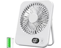 VHV - Ventilator - Tafelventilator - Mini ventilator - Tafelventilator met USB-aansluiting - Klein formaat - 2500 mAh batterij - Stille mini-tafelventilator met LED-display - Draagbare bureauventilator - Voor thuis - Kantoor en kamperen - Wit
