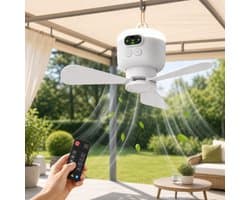 MUPOO Oplaadbare Camping Plafondventilator met LED verlichting - 8000mAh Accu - Afstandsbediening, 4 Standen & Timer - Stille DC Motor, Type-C & Ø27cm - Voor Tent, Caravan, Camper, Overkapping, Veranda & Buiten