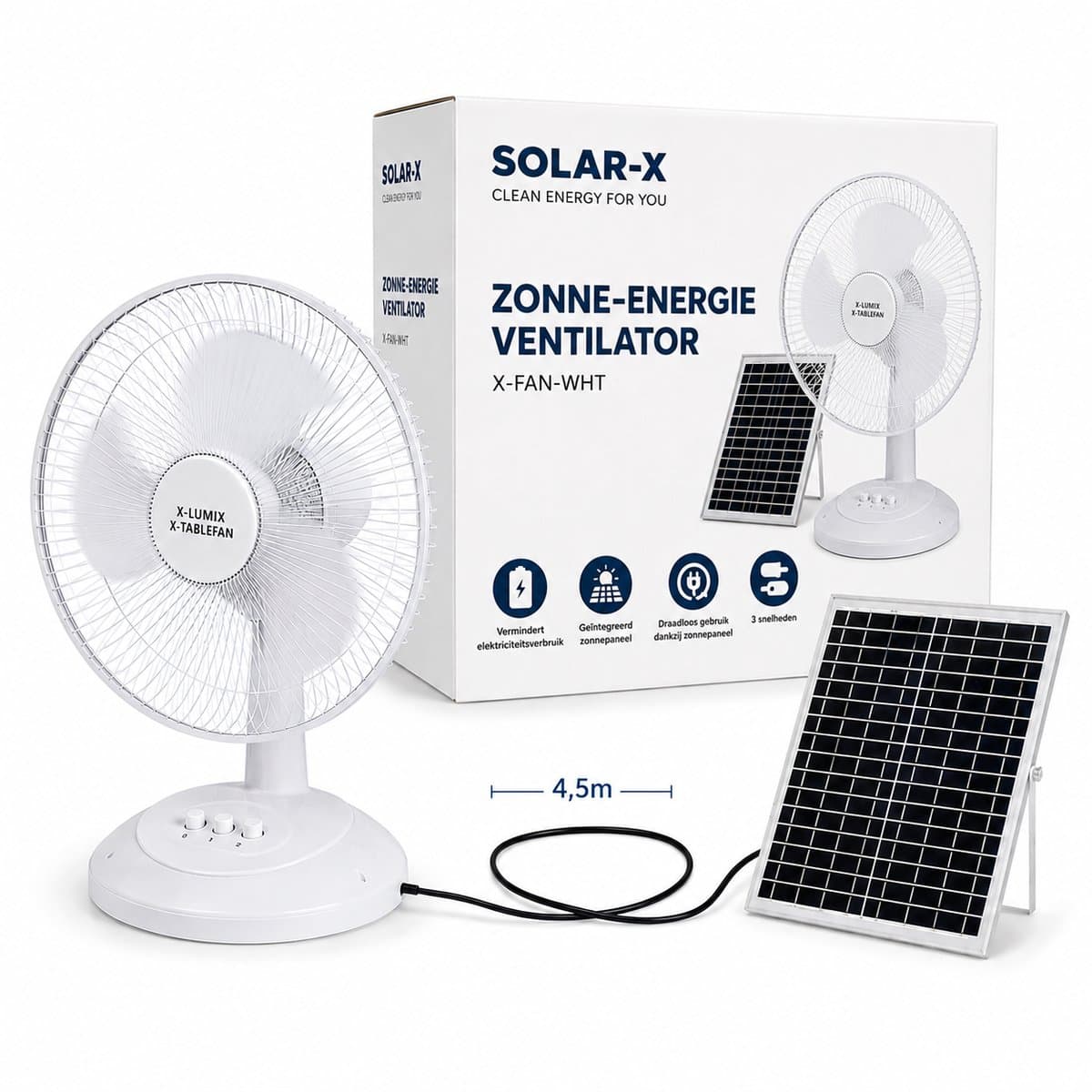 Zonne-energie Tafelventilator 30 cm (12 inch) | X-LUMIX X-Fan White | 15W Motor | 12W Zonnepaneel | 4000mAh Accu | Stil & Energiezuinig | Binnen & Buiten — afbeelding 1