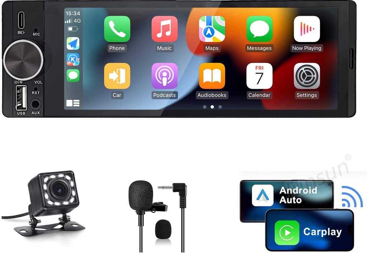 Hexinex - 1DIN Carplay Autoradio - 6.36 inch scherm - met Draadloze Carplay Android Auto - USB/USB-C - Achteruitrijcamera — afbeelding 1