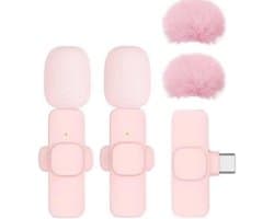 Draadloze Plug & Play-clipmicrofoon geschikt voor de telefoon - Mini-microfoon met ruisonderdrukking geschikt voor video-opnames, vloggen, podcasts en ASMR (roze, USB-C, met haren)