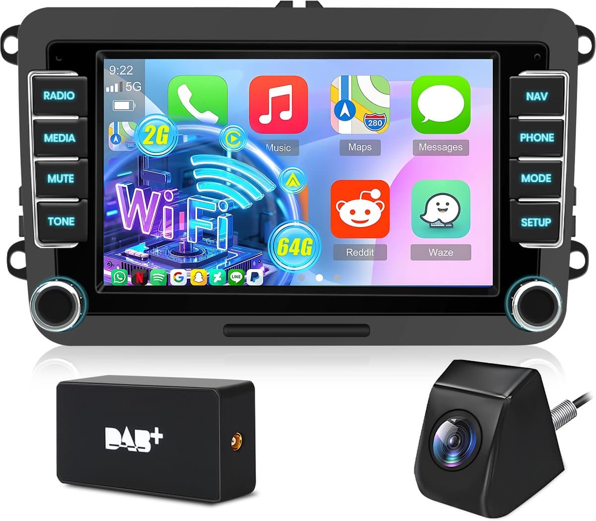 Hexinex Autoradio - geschikt voor VW Golf 5, 6, Polo, Skoda Caddy, T5, Passat - 7-inch Scherm - 2+64GB CARPLAY FM RDS - Achteruitrijcamera DAB+ — afbeelding 1