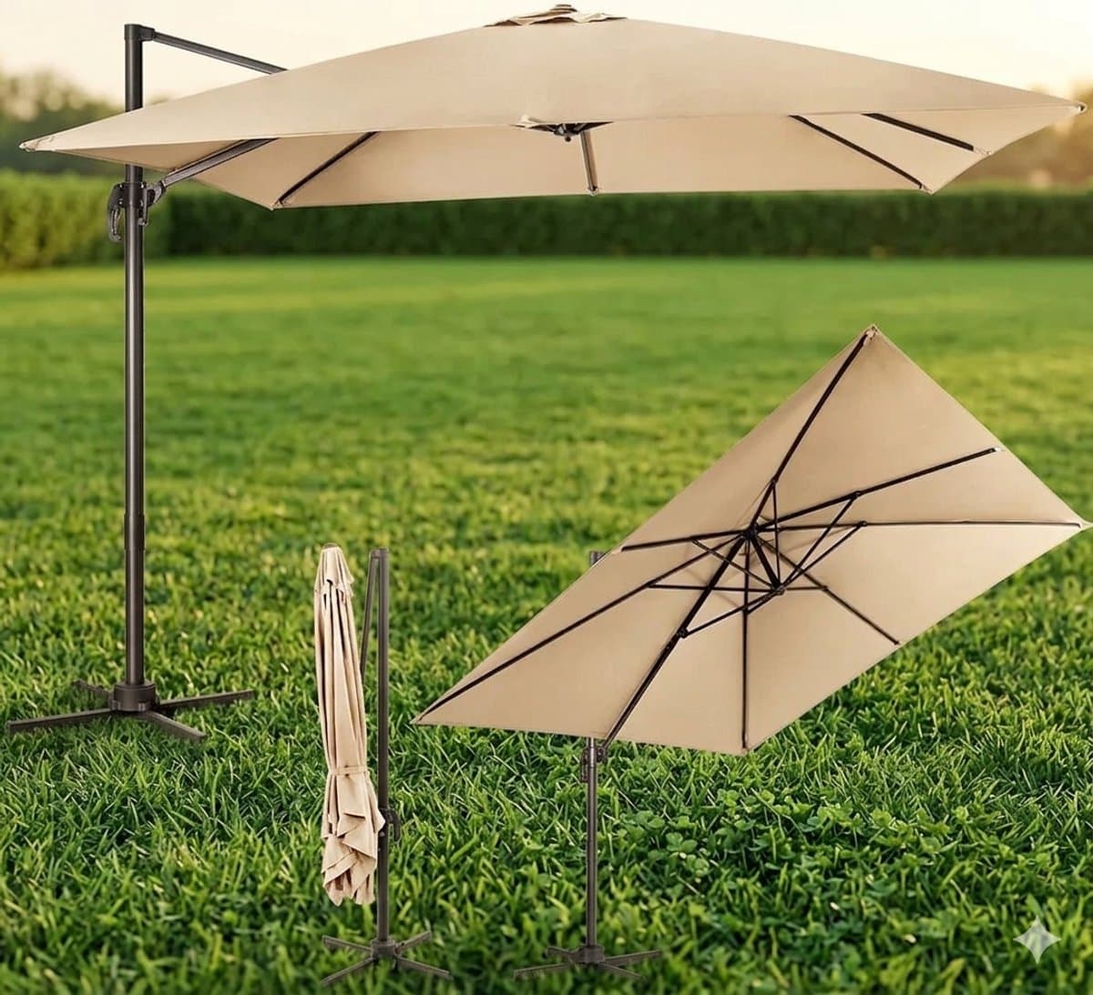 Ampelschirm 300x300 cm quadratisch, 360° drehbar, neigbar, Gartenschirm mit Kurbel, großer Sonnenschirm für Terrasse & Garten – Beige | Urbanhome — afbeelding 1