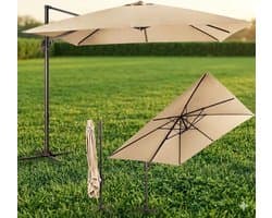 Ampelschirm 300x300 cm quadratisch, 360° drehbar, neigbar, Gartenschirm mit Kurbel, großer Sonnenschirm für Terrasse & Garten – Beige | Urbanhome