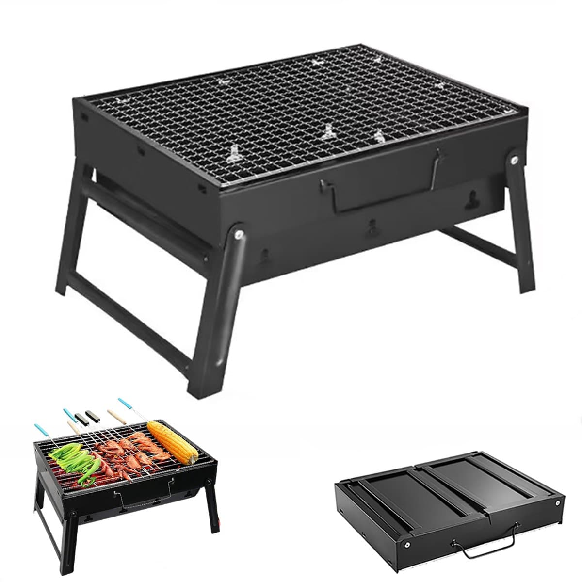 BBQ-grill - Houtskoolbarbecue - Draagbare BBQ-grill - Opvouwbare BBQ-grill - Buitenbarbecue - Houtskoolrek met lade - 43x22x29cm - Geschikt voor 3-5 personen - Met handvat - Geschikt voor picknicks, tuinen, terrassen, kamperen en reizen - Zwart — afbeelding 1