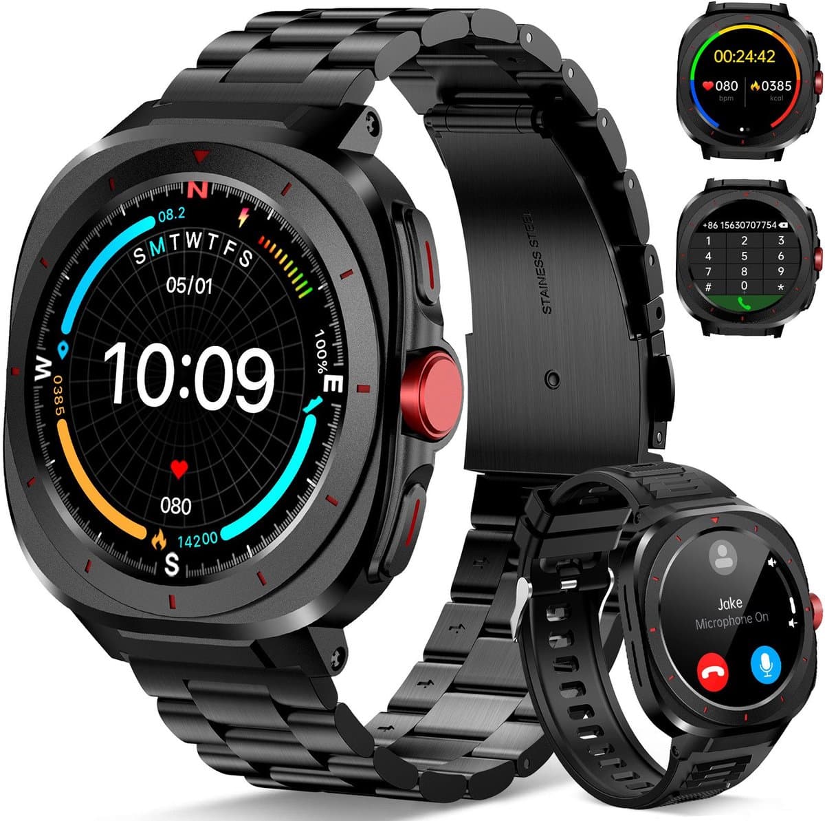 Smartwatch–Nieuwe smartwatch voor heren –1,39inch touchscreen – Multifunctioneel sporthorloge – Belfunctie - Bloedzuurstofmeting – Stressmeting–Hartslagmeting -Compatibel met Android 5.0 en hoger / iOS 10.0 en hoger– Zwart – Inclusief 1 horlogebandje — afbeelding 1