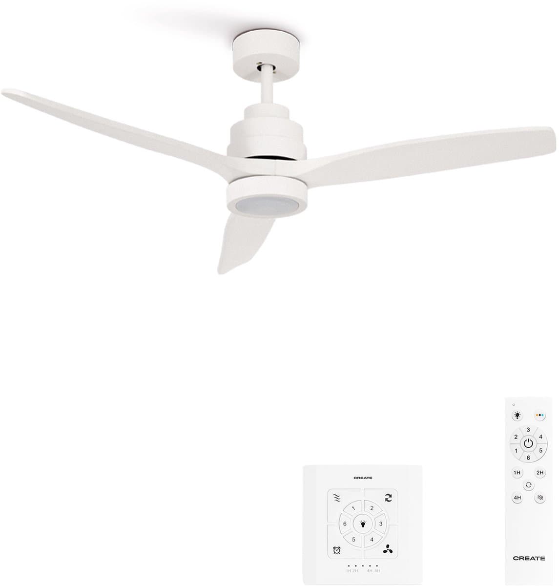 CREATE - Plafondventilator 40W silent 100% hout - Wit - Ø112cm - Met licht - Controller voor wandmontage + afstandsbediening - WIND STYLANCE — afbeelding 1
