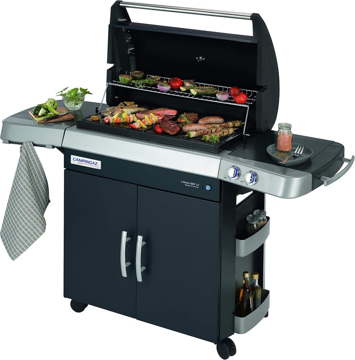 Gasbarbecue 171 x 66 x 150 cm – 3 Branders BBQ Grillwagen met Keramische Infraroodbranders, Groot Gietijzeren Grilloppervlak, Dekselthermometer, Zijtafels & InstaClean Systeem – HomebyNicole — afbeelding 1
