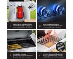 Gasbarbecue 4 Branders met Infrarood Zijbrander 135 x 54 x 87 cm – RVS Buitenkeuken BBQ Grillwagen met Gietijzeren Grillrooster, Thermometer, Piëzo Ontsteking en Wielen – Zilver – HomebyNicole