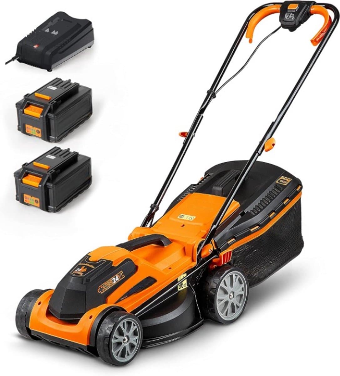 Accugrasmaaier - Elektrische Grasmaaiers - Gazontrimmer - Grastrimmer - met Mulchmaat 32L - Maaibreedte 34cm - Maaihoogte op 6 Niveaus - 2 x 4000 mAh Lithium-ion Accu - Oplader - 24V - Zwart&Oranje — afbeelding 1