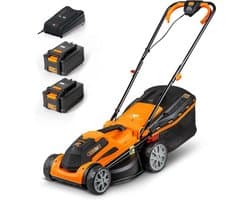 Accugrasmaaier - Elektrische Grasmaaiers - Gazontrimmer - Grastrimmer - met Mulchmaat 32L - Maaibreedte 34cm - Maaihoogte op 6 Niveaus - 2 x 4000 mAh Lithium-ion Accu - Oplader - 24V - Zwart&Oranje
