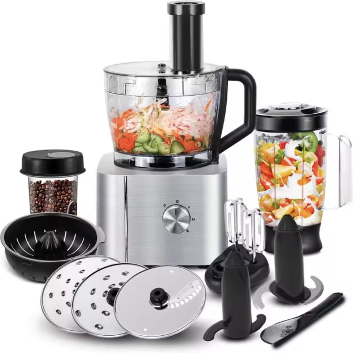 Keukenmachine - Alles in 1 keukenmachine - Multifunctionele keukenmachine - Vleesmolen - Garde - Kneder - Shredder - Sinaasappelpers - Hakselaar - Blender - 1100W - Zilver — afbeelding 1