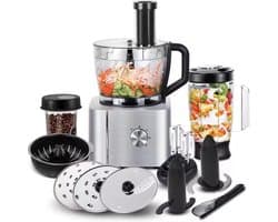 Keukenmachine - Alles in 1 keukenmachine - Multifunctionele keukenmachine - Vleesmolen - Garde - Kneder - Shredder - Sinaasappelpers - Hakselaar - Blender - 1100W - Zilver