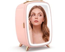 6L Mini koelkast met LED-spiegel, cosmetica koelkast, Roze