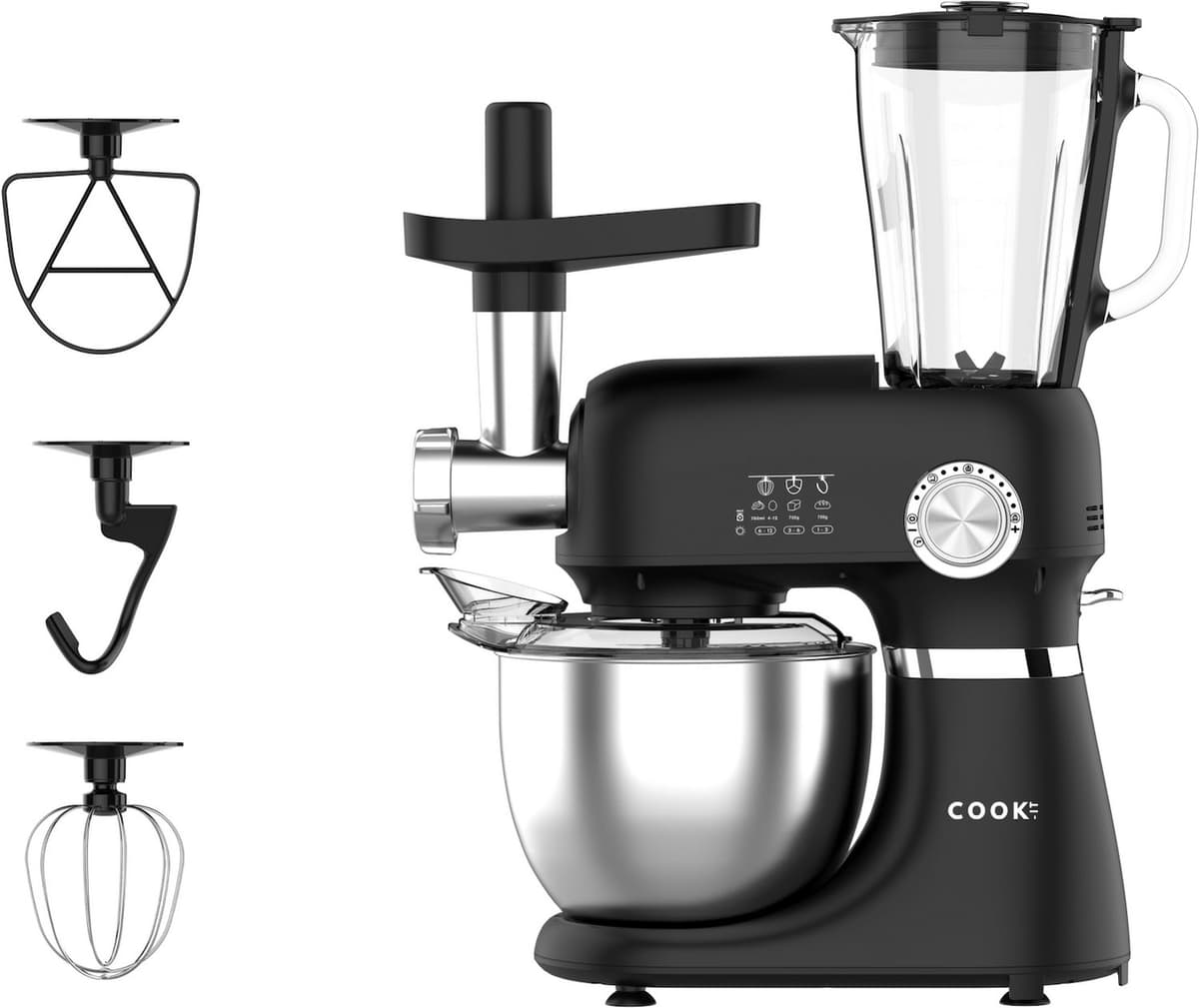 COOK-IT Keukenmachine 3-in-1 – Keukenrobot met Vleesmolen en Blender – 1300W – 5L RVS Mengkom – 1,75L Glazen Blenderkan – 12 Snelheden – Keukenmixer – Zwart — afbeelding 1