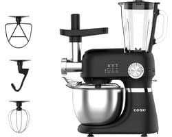 COOK-IT Keukenmachine 3-in-1 – Keukenrobot met Vleesmolen en Blender – 1300W – 5L RVS Mengkom – 1,75L Glazen Blenderkan – 12 Snelheden – Keukenmixer – Zwart