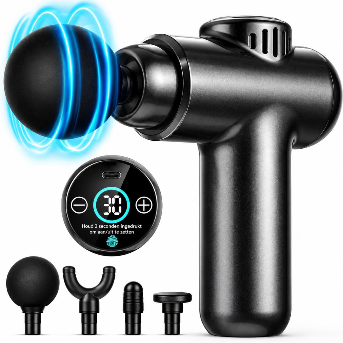 Mini Massagepistool – Massagegun met 30 Snelheden – 4 Massagekoppen – 12 mm Diepe Massage – LCD Touchscreen – USB-C – 1800-3200 RPM – 450 g — afbeelding 1