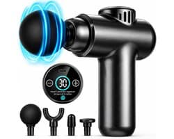 Mini Massagepistool – Massagegun met 30 Snelheden – 4 Massagekoppen – 12 mm Diepe Massage – LCD Touchscreen – USB-C – 1800-3200 RPM – 450 g