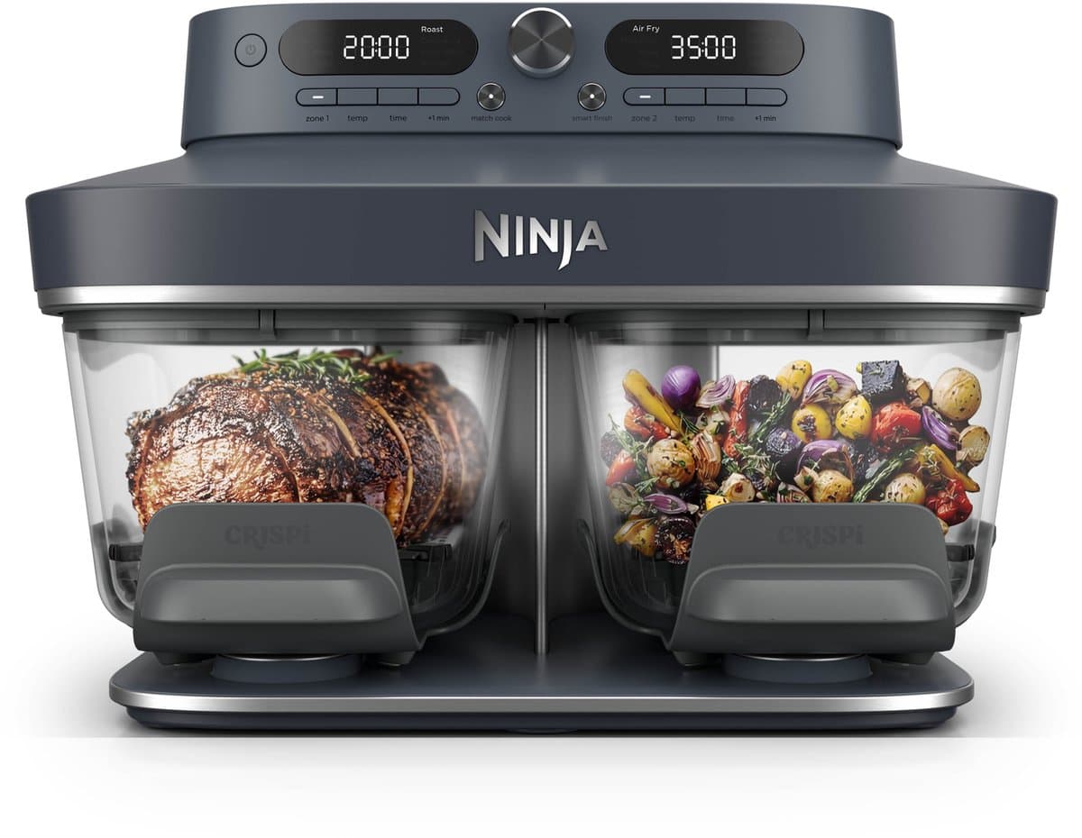 Ninja CRISPi DualZone Glazen Airfryer met 2 manden, 8 kookfuncties, Kook twee gerechten tegelijkertijd, PFAS-vrije glazen schalen, Inclusief deksels - Cyberspace - DD102EUBL1 — afbeelding 1