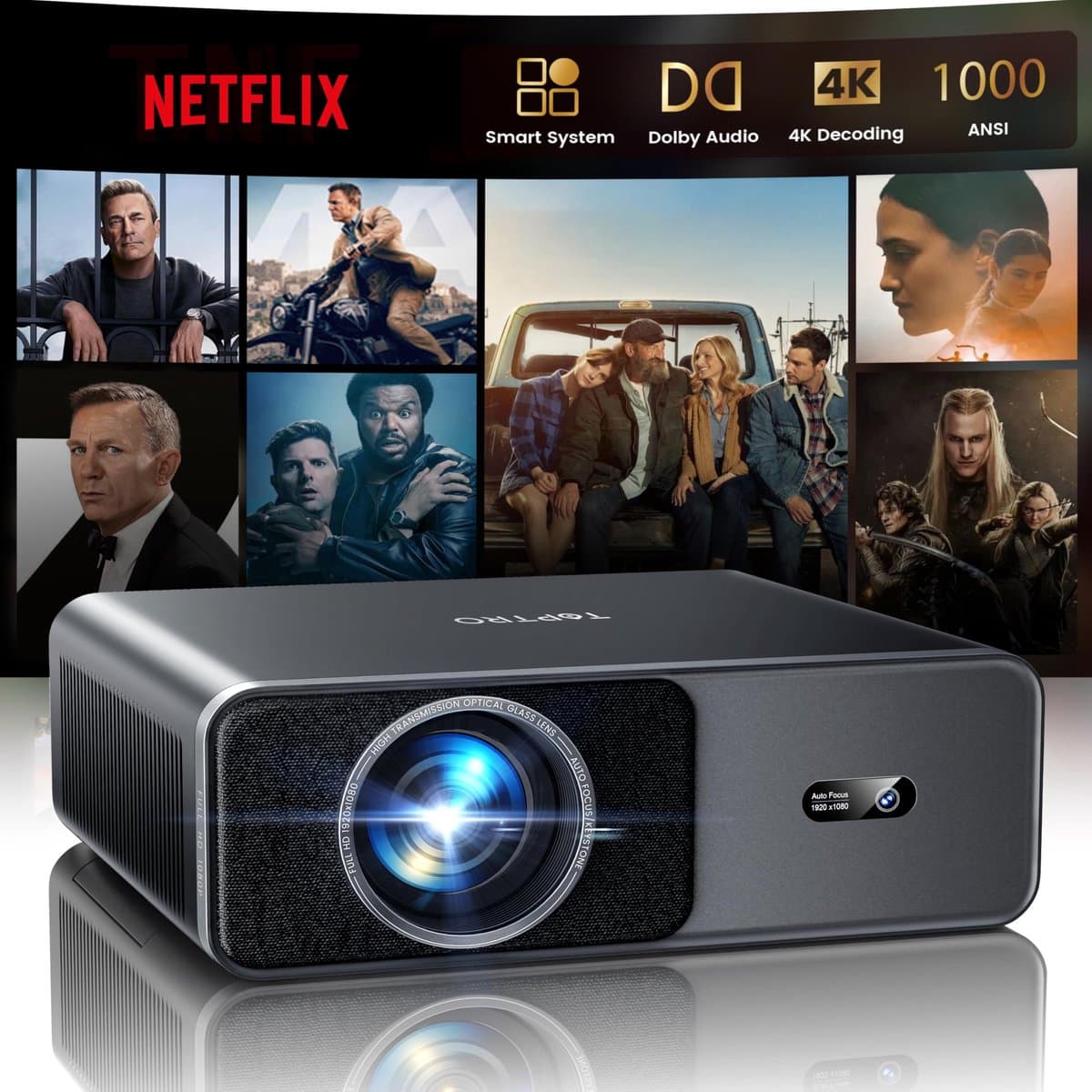 4K Projector met Netflix ondersteuning, draagbare beamer met Full HD resolutie, thuisbioscoop, 300 inch beeldformaat, LED display — afbeelding 1