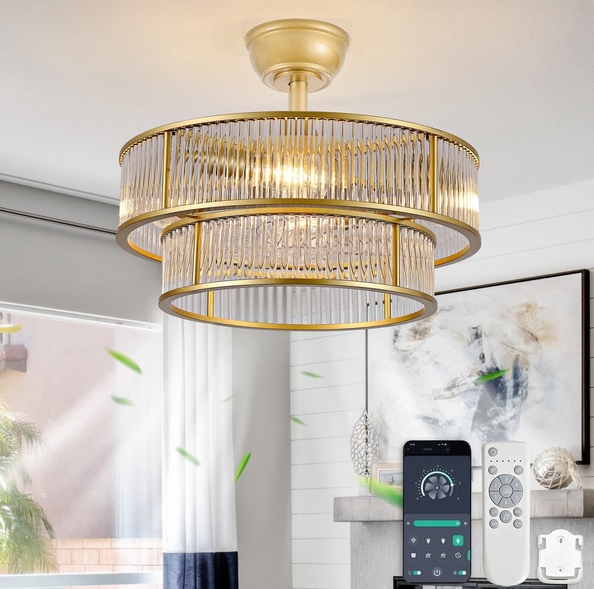 STILVORA Plafondventilator Met Verlichting – Kristaldesign En Dubbele Bediening – 50 Cm – ABS – Goud – Stil, Timer En Omkeerfunctie — afbeelding 1