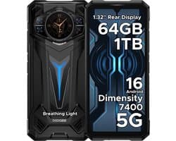 DOOGEE S200 Ultra 5G - Robuuste Smartphone - Robuuste Telefoon - 64GB RAM + 1TB ROM (2TB /TF) - Dimensity 7400 - 11000 mAh /66W - 6,72 inch 120Hz - Android 16 - Nachtzicht -100 MP AI camera - NFC - GPS - 1,32 inch display achteraan - Zwart