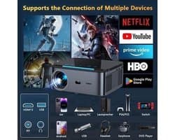 Xiwbsy - Beamer - Projector Beamer - Projector 4k - 1080P - Automatische focus - met WiFi 6 - 25000 Lumens - Buiten- en thuisprojector - Android 4K - Zwart