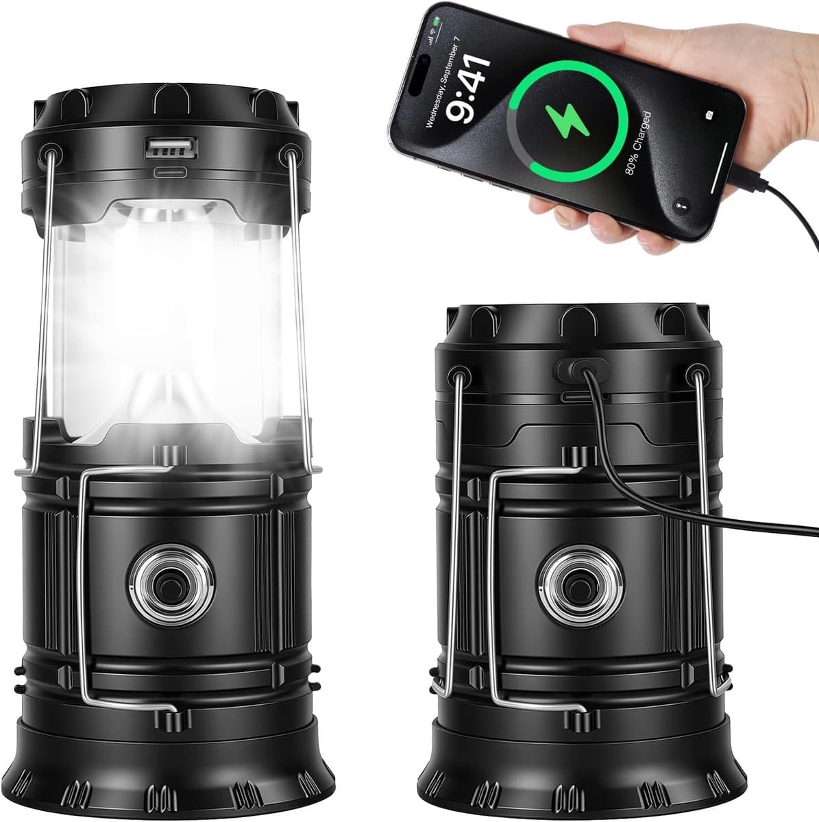Campinglamp op zonne-energie, draagbare ultra heldere led-lantaarn, opvouwbare hanglamp, survivalkit voor wandelen, noodapparatuur, stroomuitval — afbeelding 1