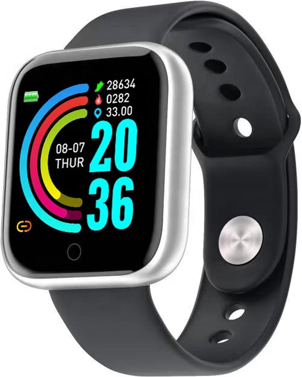 Belesy® Base - Smartwatch - Horloge - 1,3 inch Kleurenscherm - Stappenteller - Bloeddrukmeter - Verbrande calorieën - 3x sportmodus - Siliconen - Zilver - Zwart - Moederdag — afbeelding 1